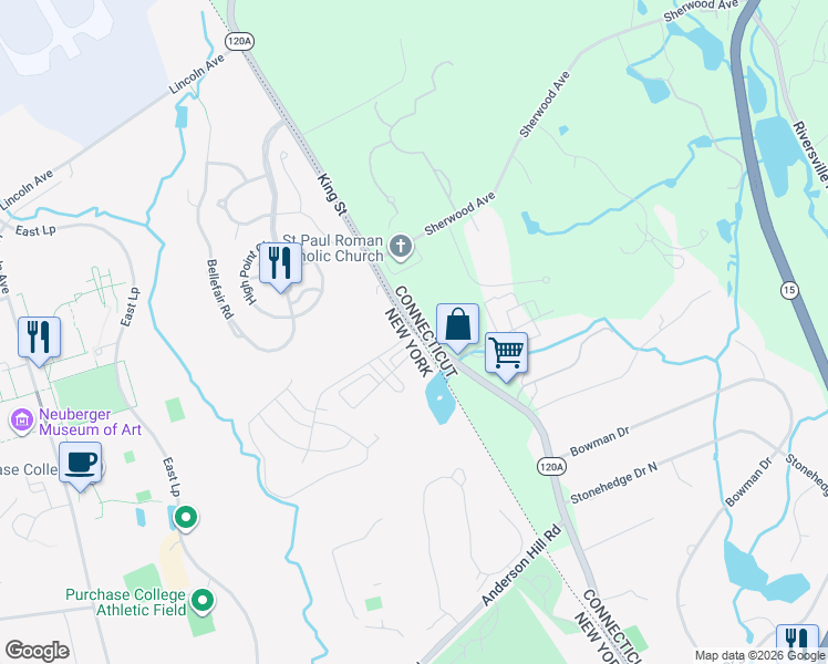 map of restaurants, bars, coffee shops, grocery stores, and more near 1093 King Street in Greenwich