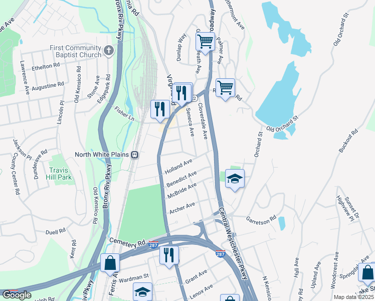 map of restaurants, bars, coffee shops, grocery stores, and more near 16 Harwood Avenue in White Plains