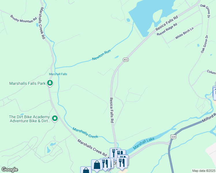 map of restaurants, bars, coffee shops, grocery stores, and more near 457 Resica Falls Road in East Stroudsburg