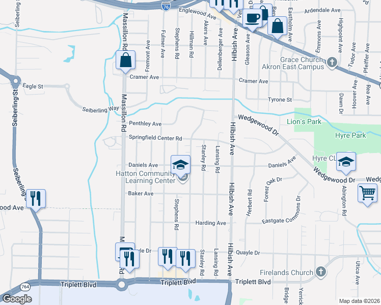 map of restaurants, bars, coffee shops, grocery stores, and more near 332 Hillman Road in Akron