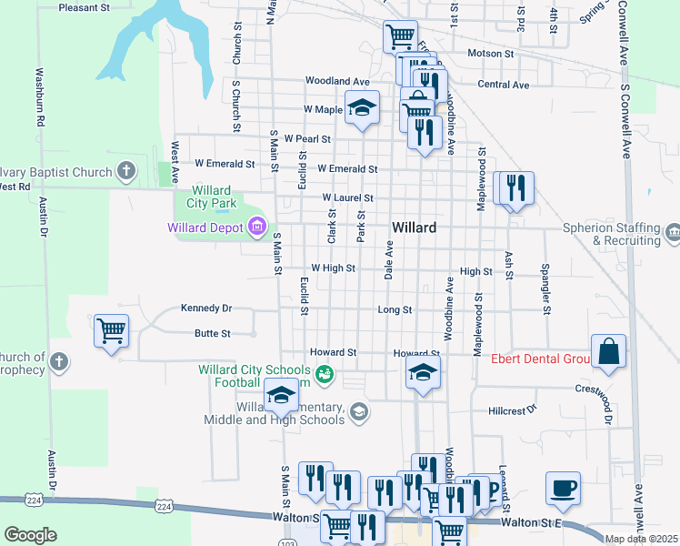 map of restaurants, bars, coffee shops, grocery stores, and more near 534 Park Street in Willard