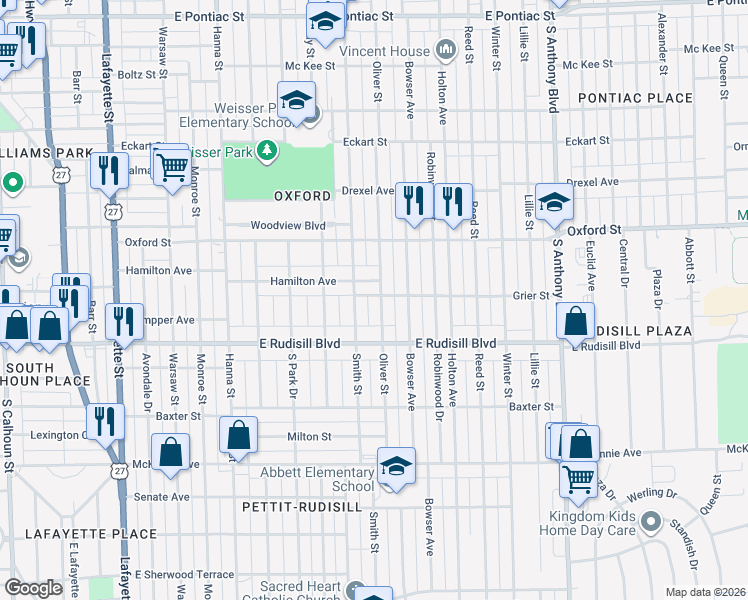 map of restaurants, bars, coffee shops, grocery stores, and more near 1110 Hamilton Avenue in Fort Wayne