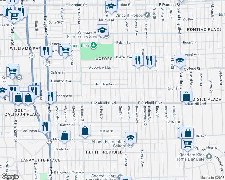 map of restaurants, bars, coffee shops, grocery stores, and more near 1002 Hamilton Avenue in Fort Wayne