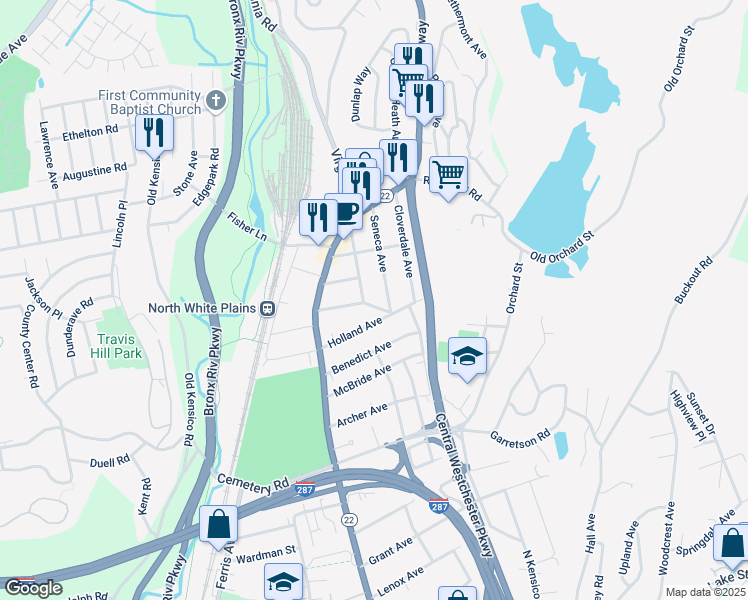 map of restaurants, bars, coffee shops, grocery stores, and more near 16 Harwood Avenue in White Plains