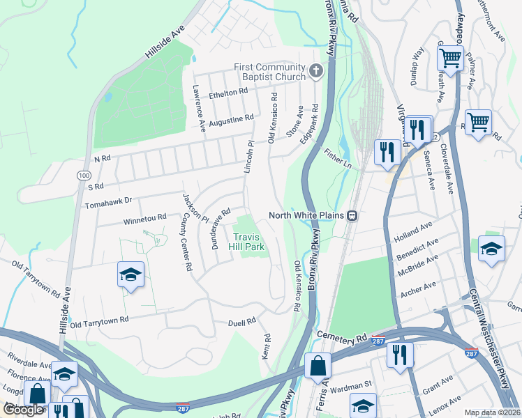 map of restaurants, bars, coffee shops, grocery stores, and more near 645 Old Kensico Road in White Plains