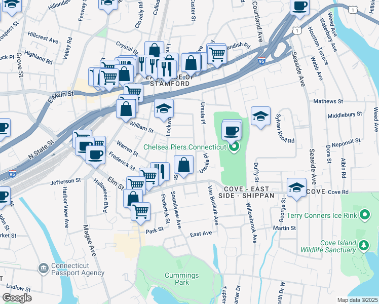 map of restaurants, bars, coffee shops, grocery stores, and more near 48 Woodrow Street in Stamford