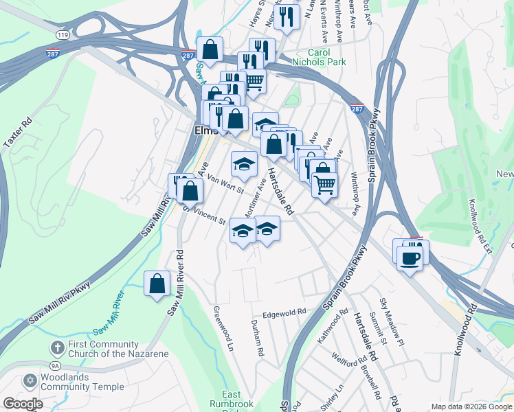 map of restaurants, bars, coffee shops, grocery stores, and more near 21 South Mortimer Avenue in Elmsford