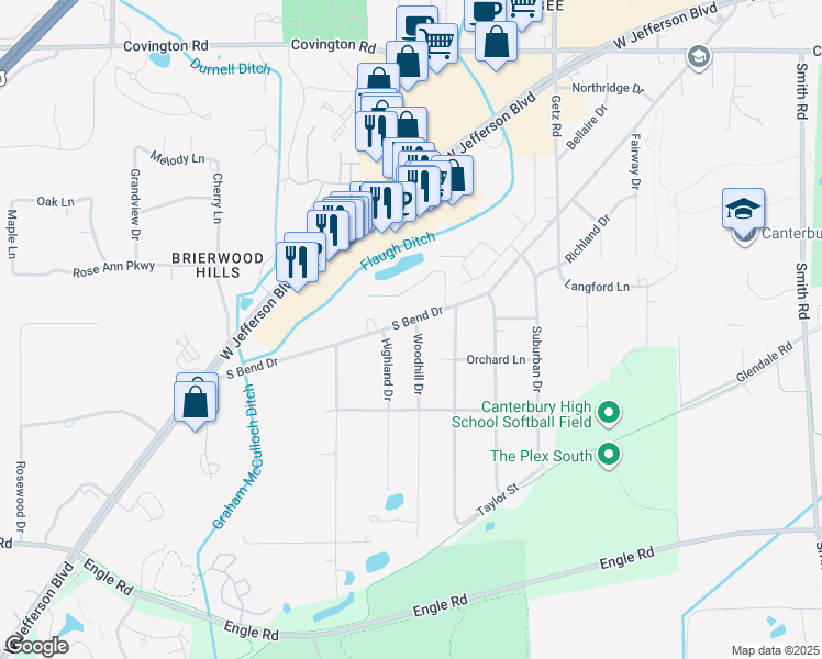 map of restaurants, bars, coffee shops, grocery stores, and more near 6515 South Bend Drive in Fort Wayne