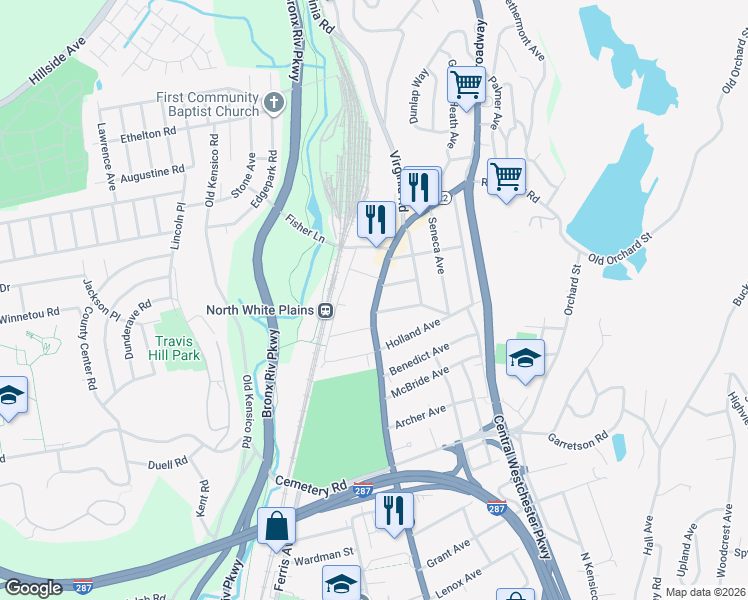 map of restaurants, bars, coffee shops, grocery stores, and more near 525 North Broadway in White Plains