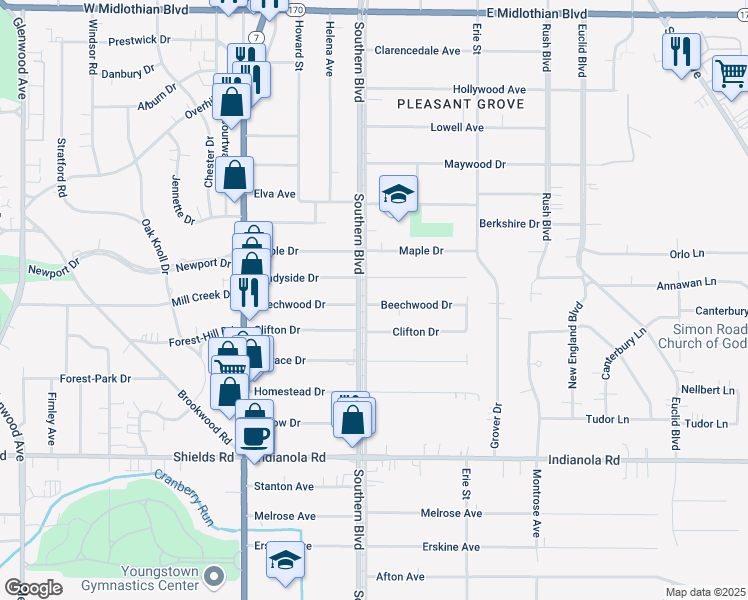 map of restaurants, bars, coffee shops, grocery stores, and more near 4637 Southern Boulevard in Youngstown