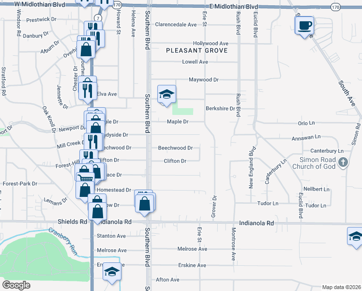 map of restaurants, bars, coffee shops, grocery stores, and more near 155 Shadyside Drive in Youngstown