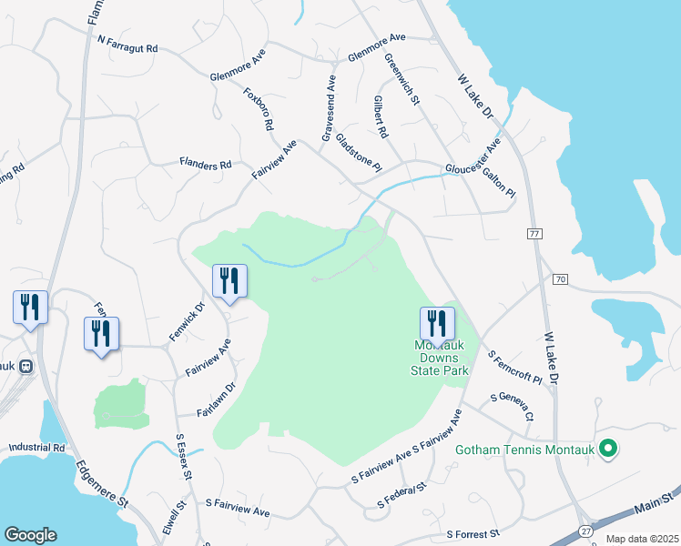 map of restaurants, bars, coffee shops, grocery stores, and more near 52 Fairway Place in Montauk
