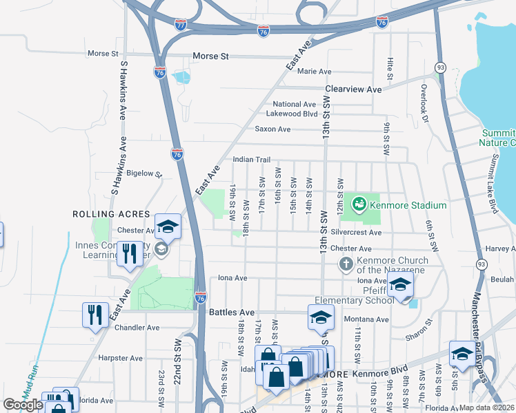 map of restaurants, bars, coffee shops, grocery stores, and more near 1899 17th Street Southwest in Akron