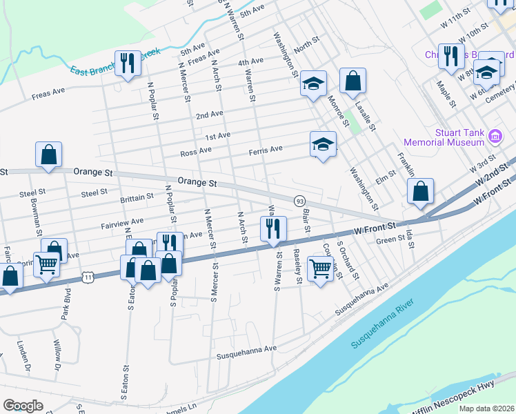 map of restaurants, bars, coffee shops, grocery stores, and more near 300 N Warren St in Berwick