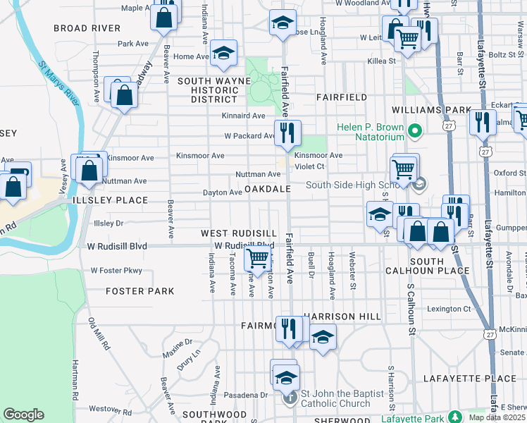 map of restaurants, bars, coffee shops, grocery stores, and more near in Fort Wayne