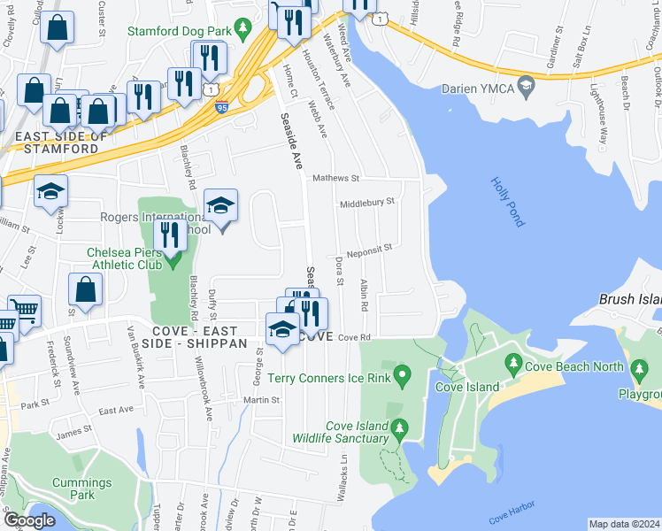 map of restaurants, bars, coffee shops, grocery stores, and more near 206 Seaside Avenue in Stamford