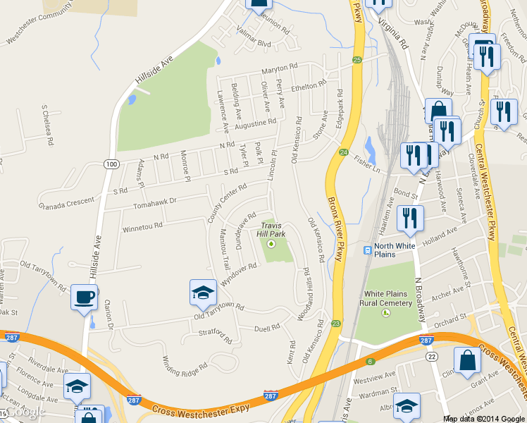 map of restaurants, bars, coffee shops, grocery stores, and more near 3 Dunderave Road in White Plains