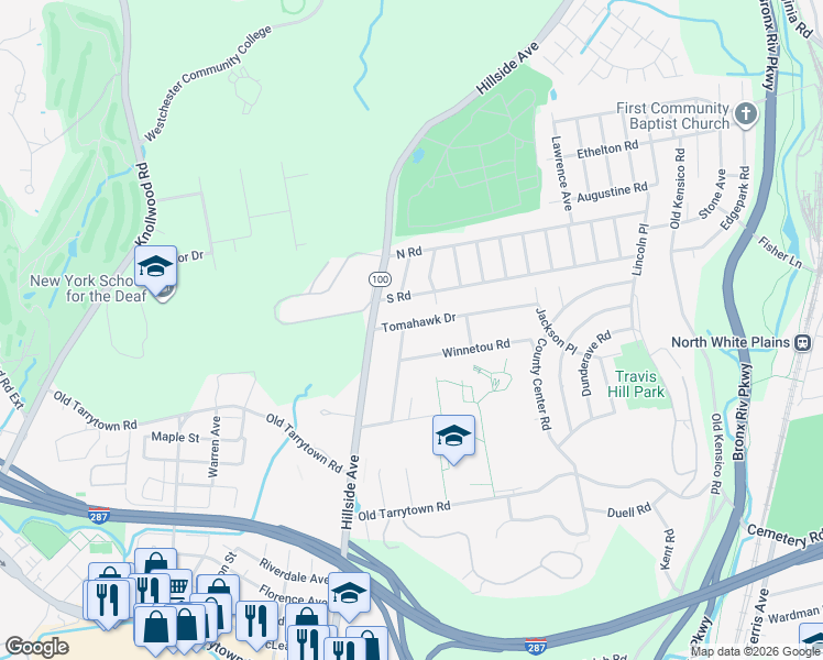 map of restaurants, bars, coffee shops, grocery stores, and more near 5 Tomahawk Drive in White Plains
