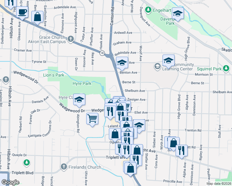 map of restaurants, bars, coffee shops, grocery stores, and more near 2539 Cedar Creek Lane in Akron