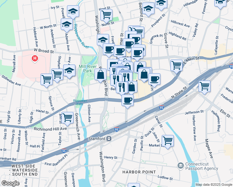 map of restaurants, bars, coffee shops, grocery stores, and more near 144 Tresser Boulevard in Stamford