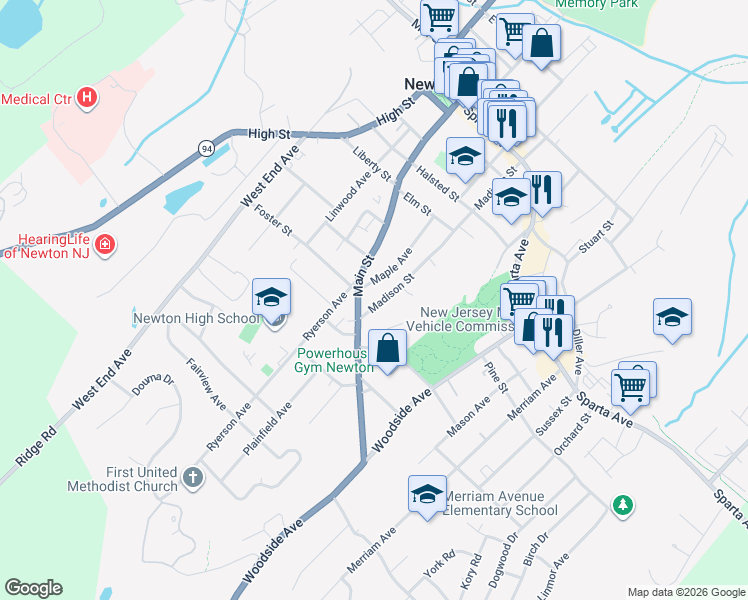 map of restaurants, bars, coffee shops, grocery stores, and more near 82 Madison Street in Newton