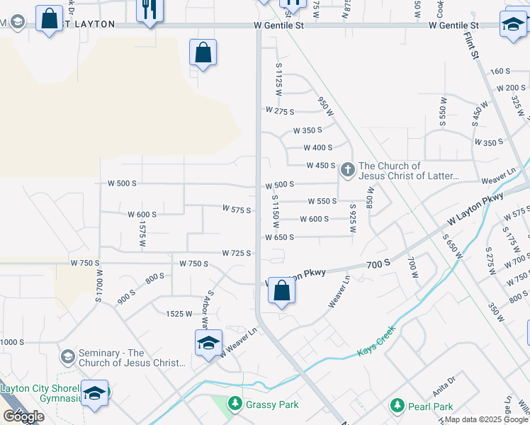 map of restaurants, bars, coffee shops, grocery stores, and more near 557 South Angel Street in Layton