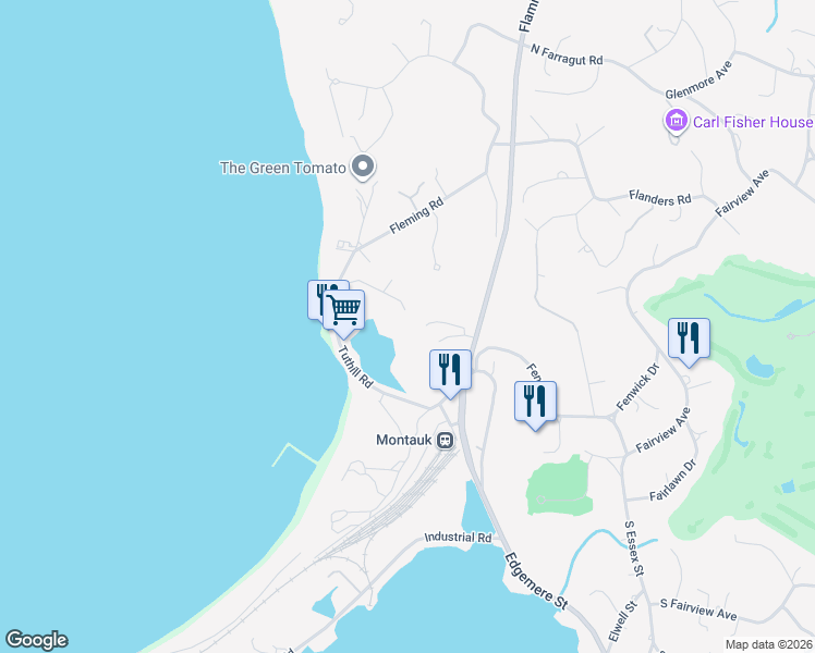 map of restaurants, bars, coffee shops, grocery stores, and more near 142 Tuthill Road in Montauk