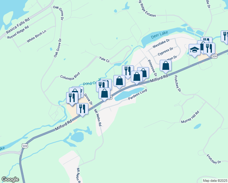 map of restaurants, bars, coffee shops, grocery stores, and more near 5027 Milford Road in East Stroudsburg