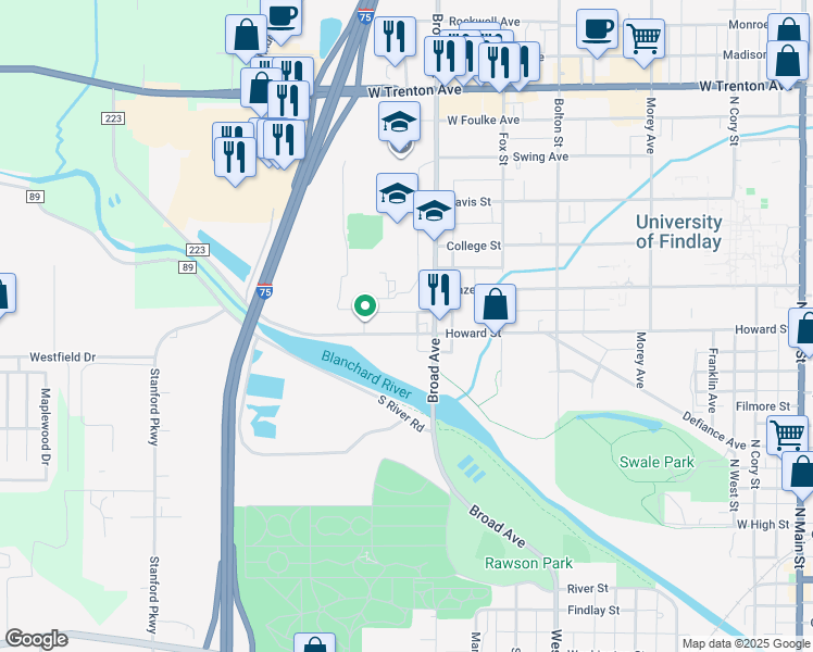 map of restaurants, bars, coffee shops, grocery stores, and more near 816 Howard Street in Findlay