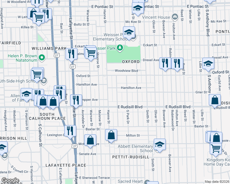 map of restaurants, bars, coffee shops, grocery stores, and more near 3626 Weisser Park Avenue in Fort Wayne