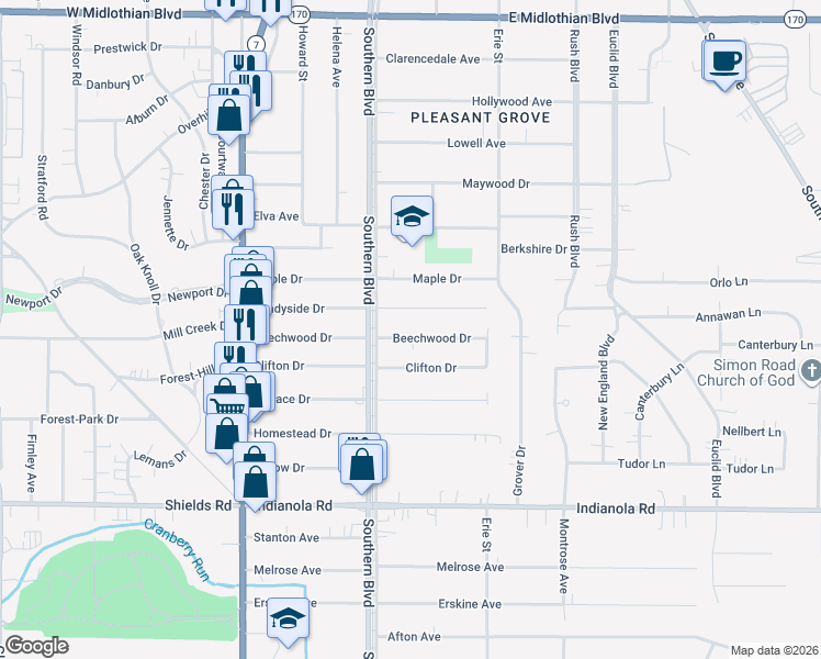 map of restaurants, bars, coffee shops, grocery stores, and more near 123 Shadyside Drive in Youngstown