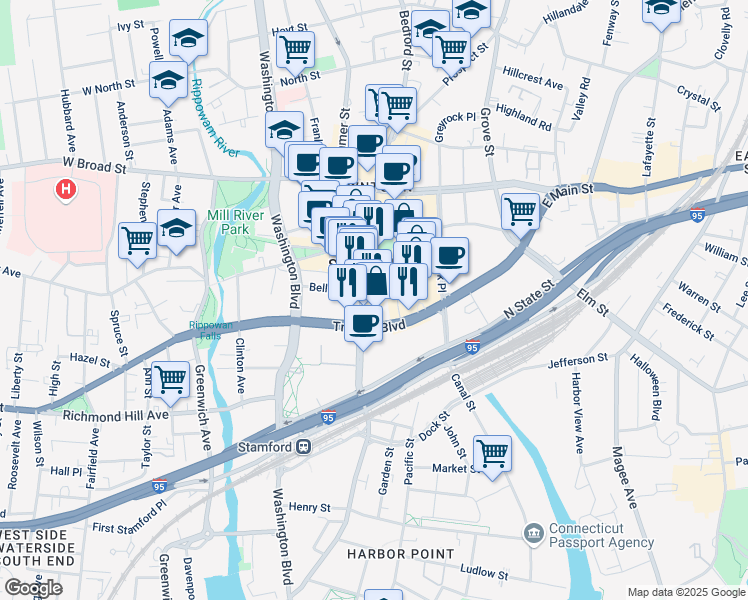 map of restaurants, bars, coffee shops, grocery stores, and more near 252 Atlantic Street in Stamford