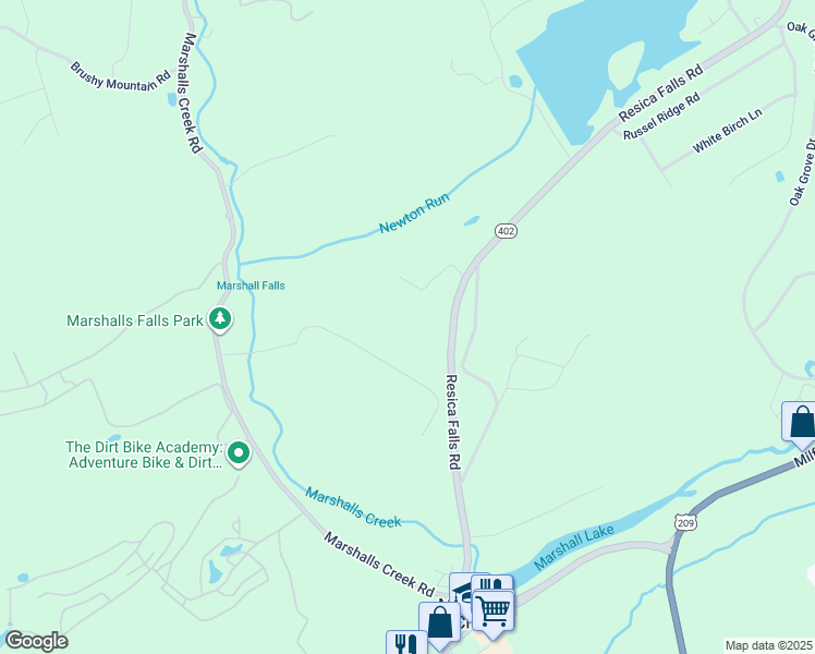 map of restaurants, bars, coffee shops, grocery stores, and more near 459 Resica Falls Road in East Stroudsburg
