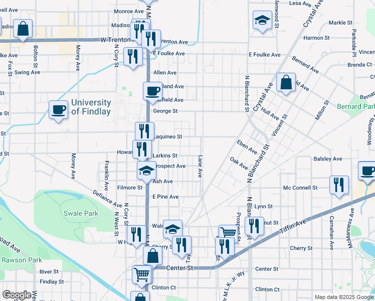 map of restaurants, bars, coffee shops, grocery stores, and more near 235 Laquineo Street in Findlay
