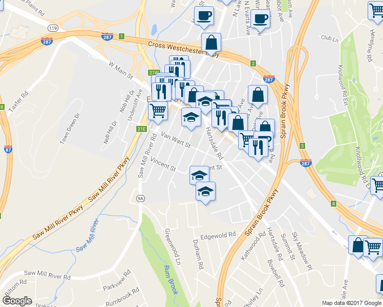 map of restaurants, bars, coffee shops, grocery stores, and more near 21 South Mortimer Avenue in Elmsford