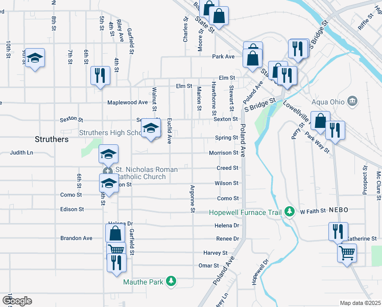 map of restaurants, bars, coffee shops, grocery stores, and more near 117 Morrison St in Struthers