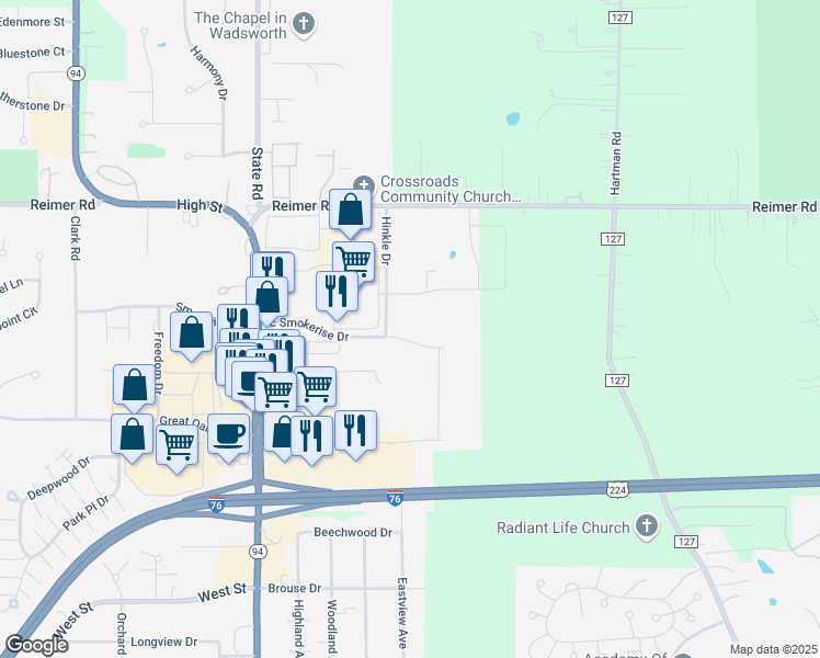 map of restaurants, bars, coffee shops, grocery stores, and more near 1000 Reimer Road in Wadsworth
