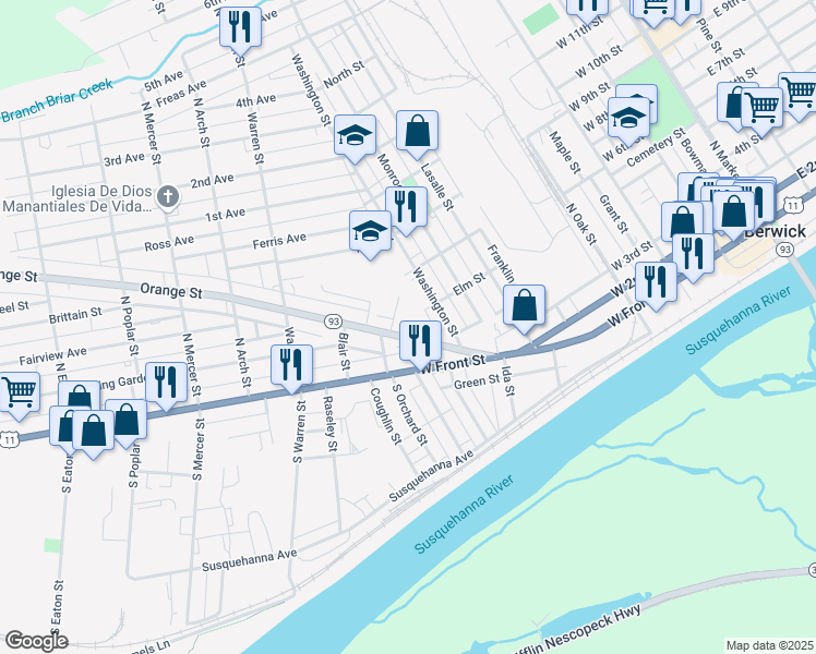 map of restaurants, bars, coffee shops, grocery stores, and more near 845 Orange Street in Berwick