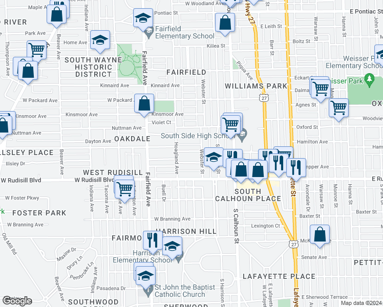 map of restaurants, bars, coffee shops, grocery stores, and more near 319 West Oakdale Drive in Fort Wayne