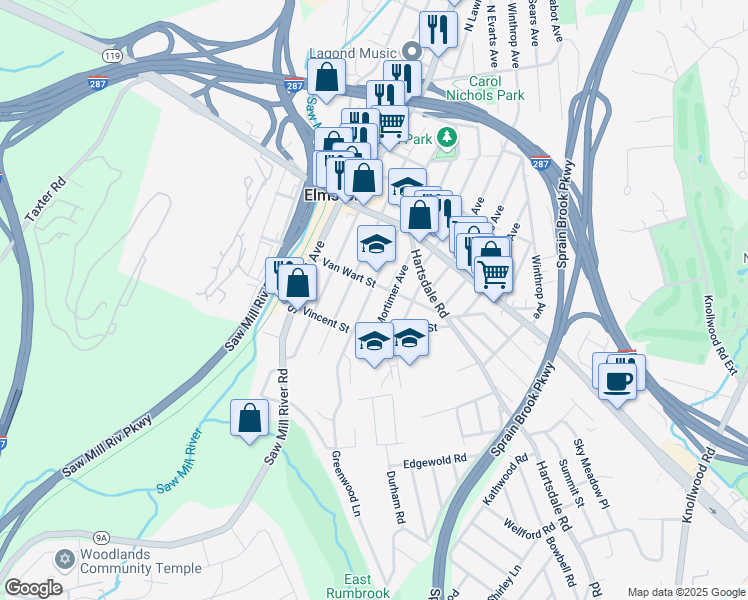 map of restaurants, bars, coffee shops, grocery stores, and more near 21 South Mortimer Avenue in Elmsford