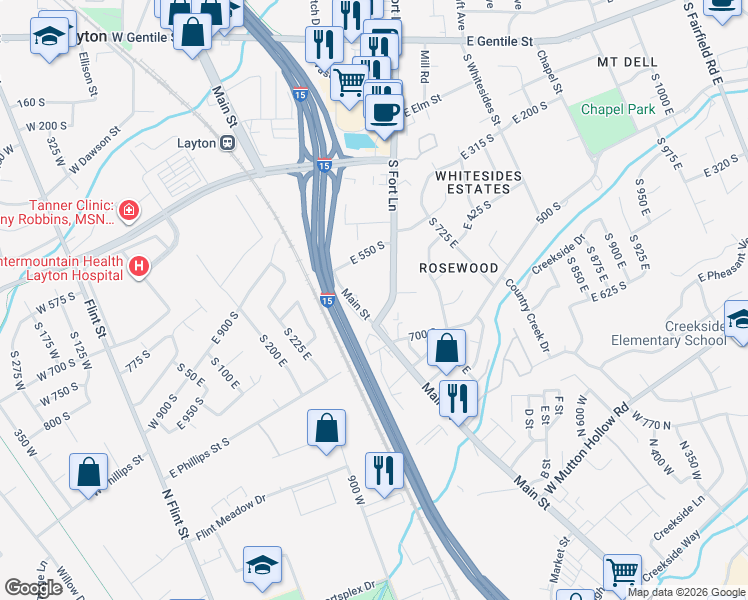 map of restaurants, bars, coffee shops, grocery stores, and more near 571 South Main Street in Layton