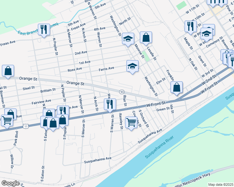 map of restaurants, bars, coffee shops, grocery stores, and more near 1111 Orange St in Berwick