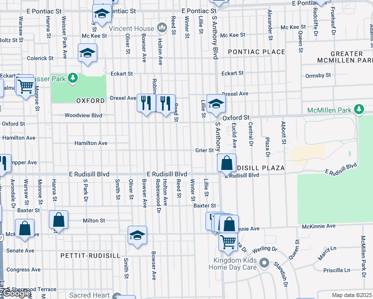 map of restaurants, bars, coffee shops, grocery stores, and more near 3614 Winter Street in Fort Wayne