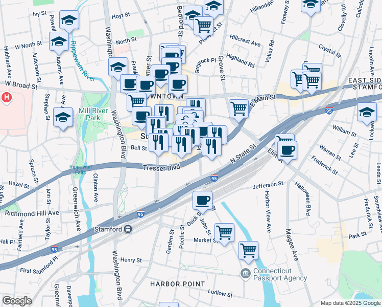 map of restaurants, bars, coffee shops, grocery stores, and more near 230 Tresser Blvd in Stamford