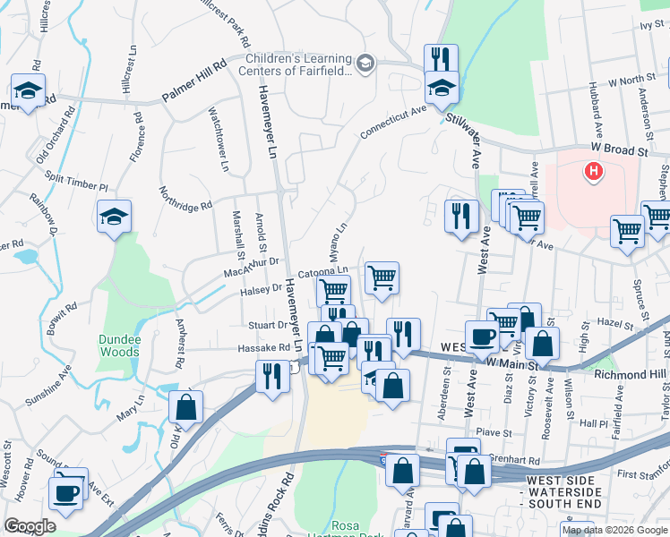 map of restaurants, bars, coffee shops, grocery stores, and more near Myano Lane in Stamford
