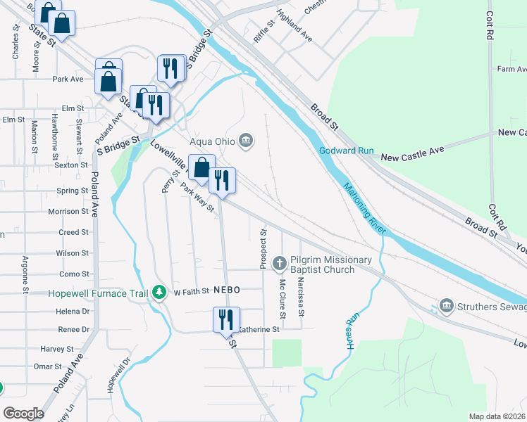 map of restaurants, bars, coffee shops, grocery stores, and more near 234 Lowellville Road in Struthers