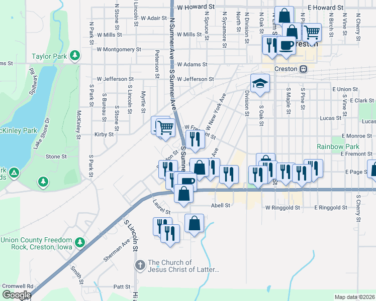 map of restaurants, bars, coffee shops, grocery stores, and more near 501-599 West New York Avenue in Creston