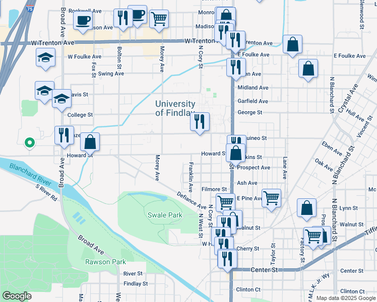 map of restaurants, bars, coffee shops, grocery stores, and more near 300 Howard Street in Findlay