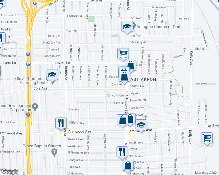 map of restaurants, bars, coffee shops, grocery stores, and more near 959 Cole Avenue in Akron