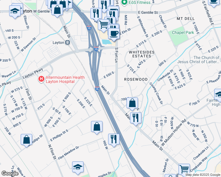 map of restaurants, bars, coffee shops, grocery stores, and more near 571 South Main Street in Layton